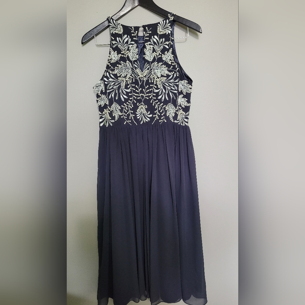 Monsoon Navy Midi Dress with White Floral Embroidery - Picture 3 of 9